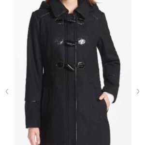GUESS Black wool toggle pea coat with hood